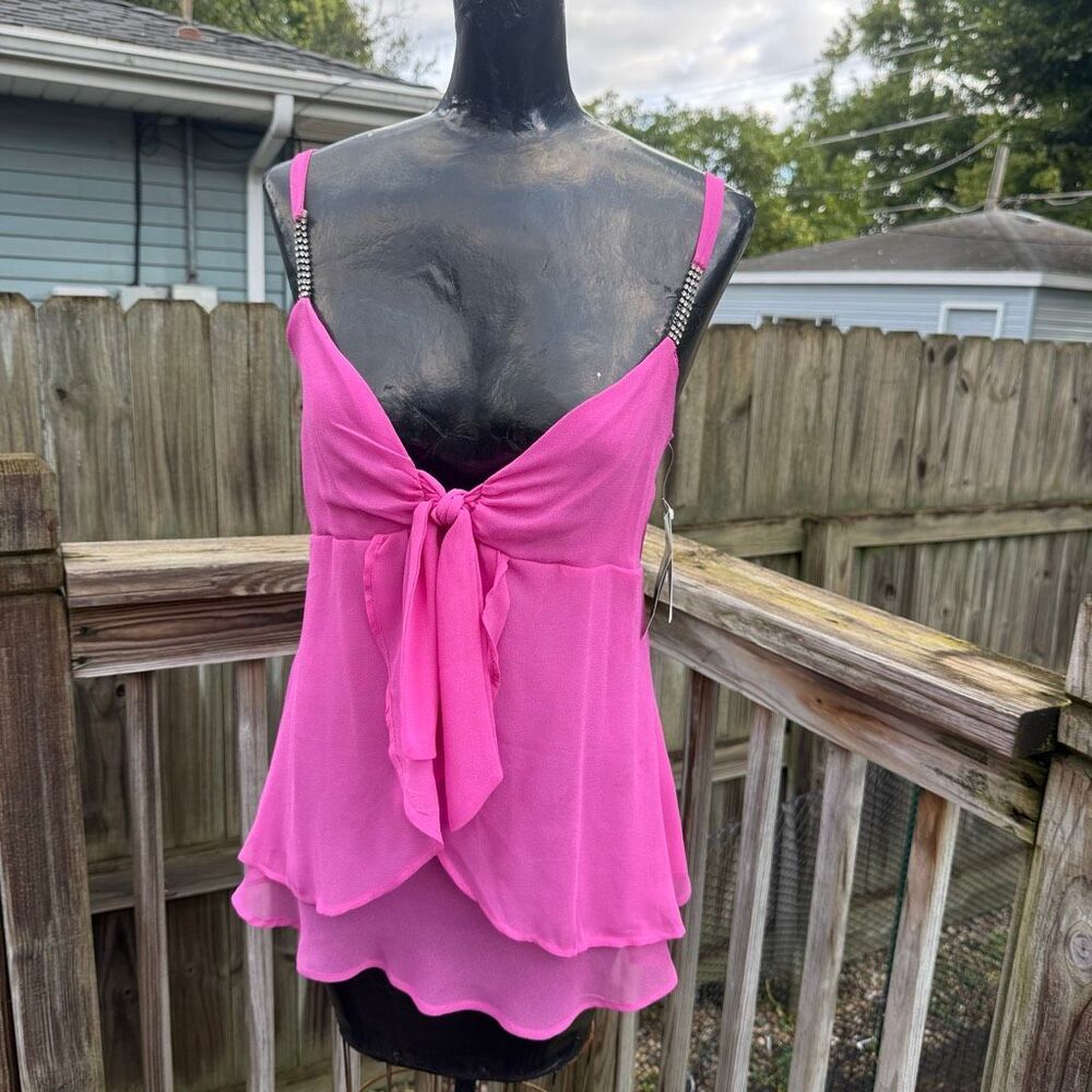 Y2K Rampage Hot Pink Rhinestone Strap Tie Front Layered Chiffon Cami Top Medium